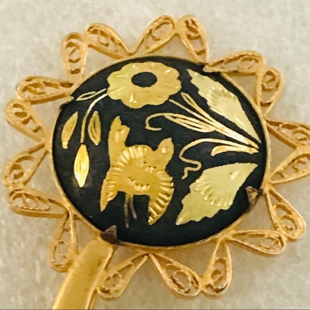 Vtg Damascene Brooch Gold Black Bird Flower Motifs - Picture 2 of 6